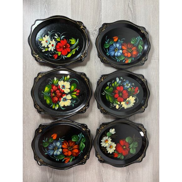 Set of 6 Vintage Russian Hand-Painted Metal Trays –Floral Zhostovo Folk Art USSR - Picture 1 of 11